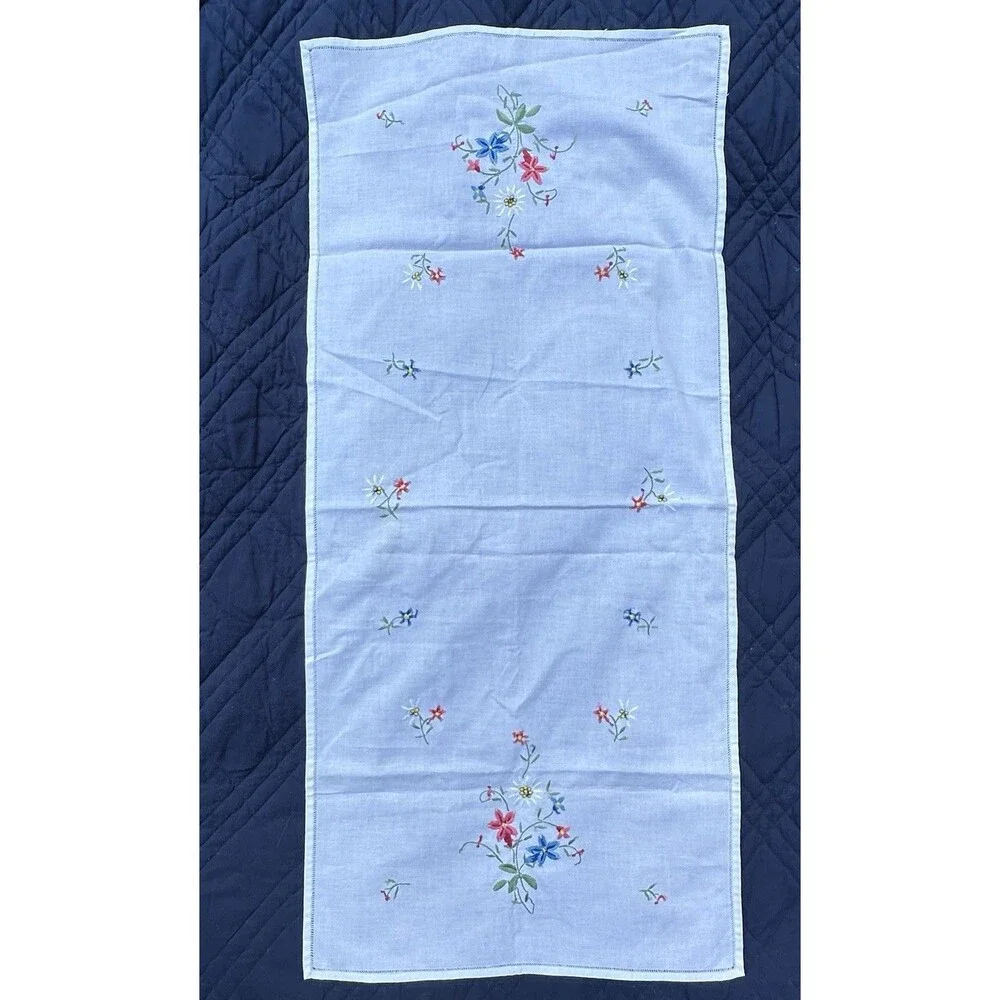Vintage Hand Embroidered Table Runner White Cotton Floral Hemstitched 34x15.5